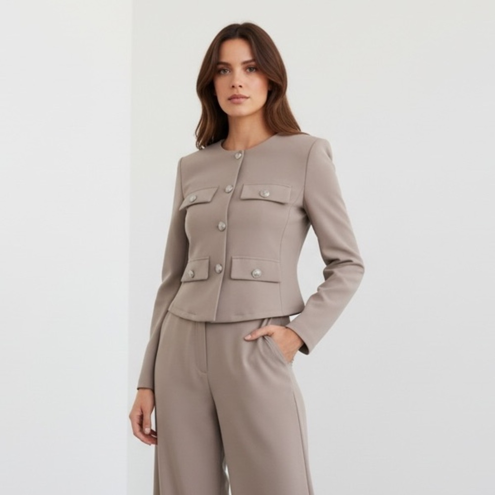 1190 • Scuba Stretch Taupe Collarless Silver Button Lady Jacket Blazer Top